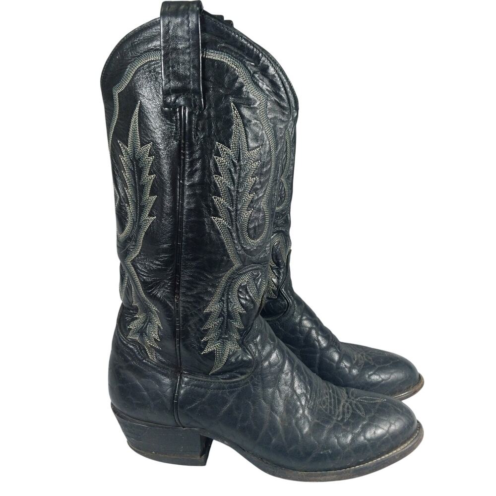 Tony Lama Black Leather Embroidered Western Heeled Boots